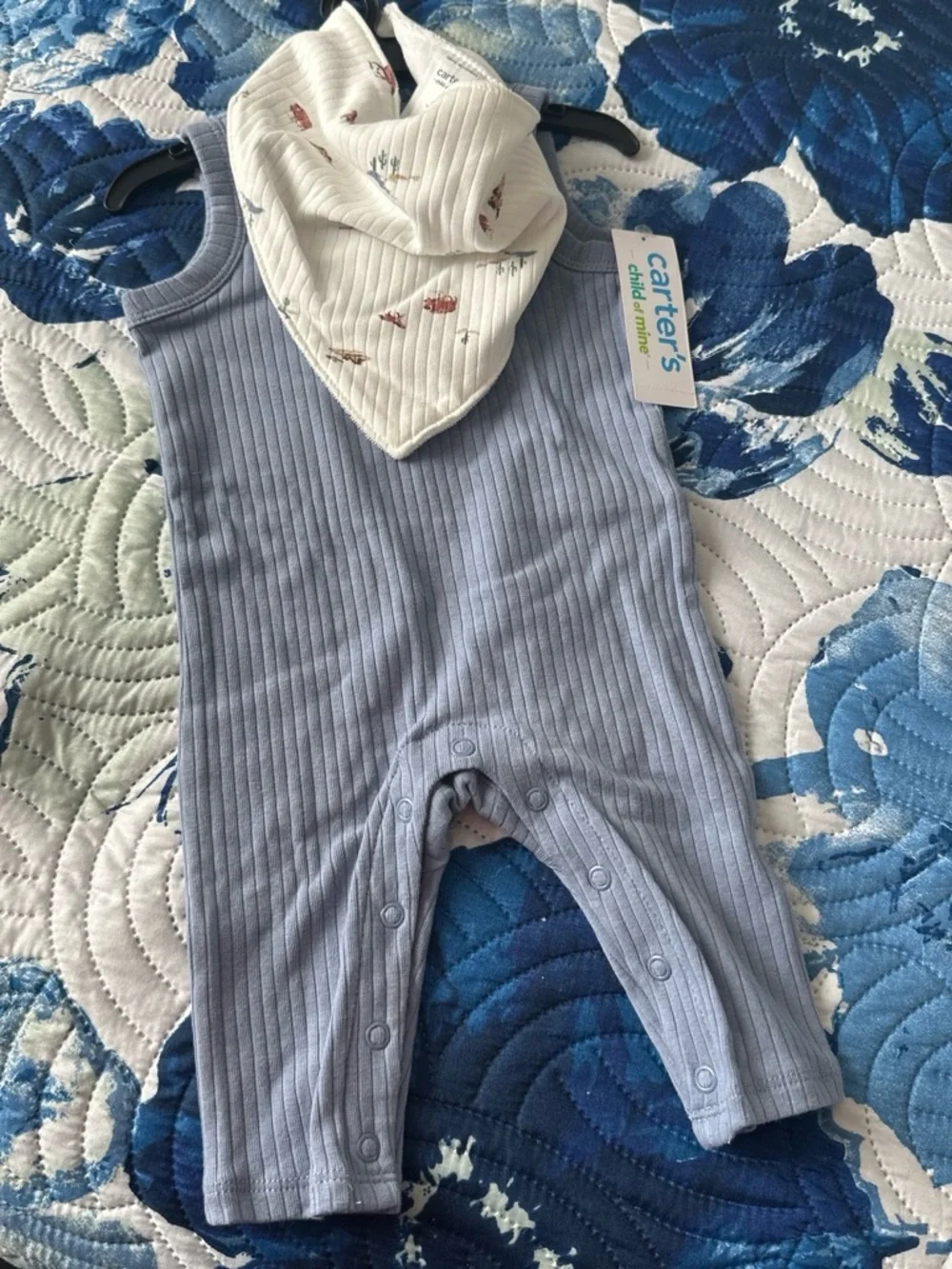 Kids Ribbed Sleeveless Romper with White Bandana Bib